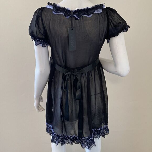 Dolls Kill Widow Sheer Black Babydoll Mini Dress Ruffle w Baby Blue Lace Trim - Picture 2 of 7